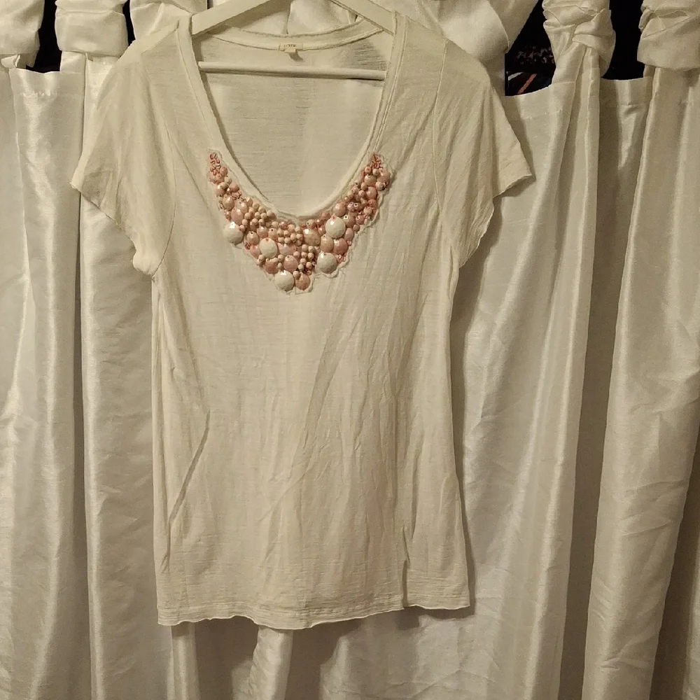 J. Crew Cream Top with Embellished Neckline Lg